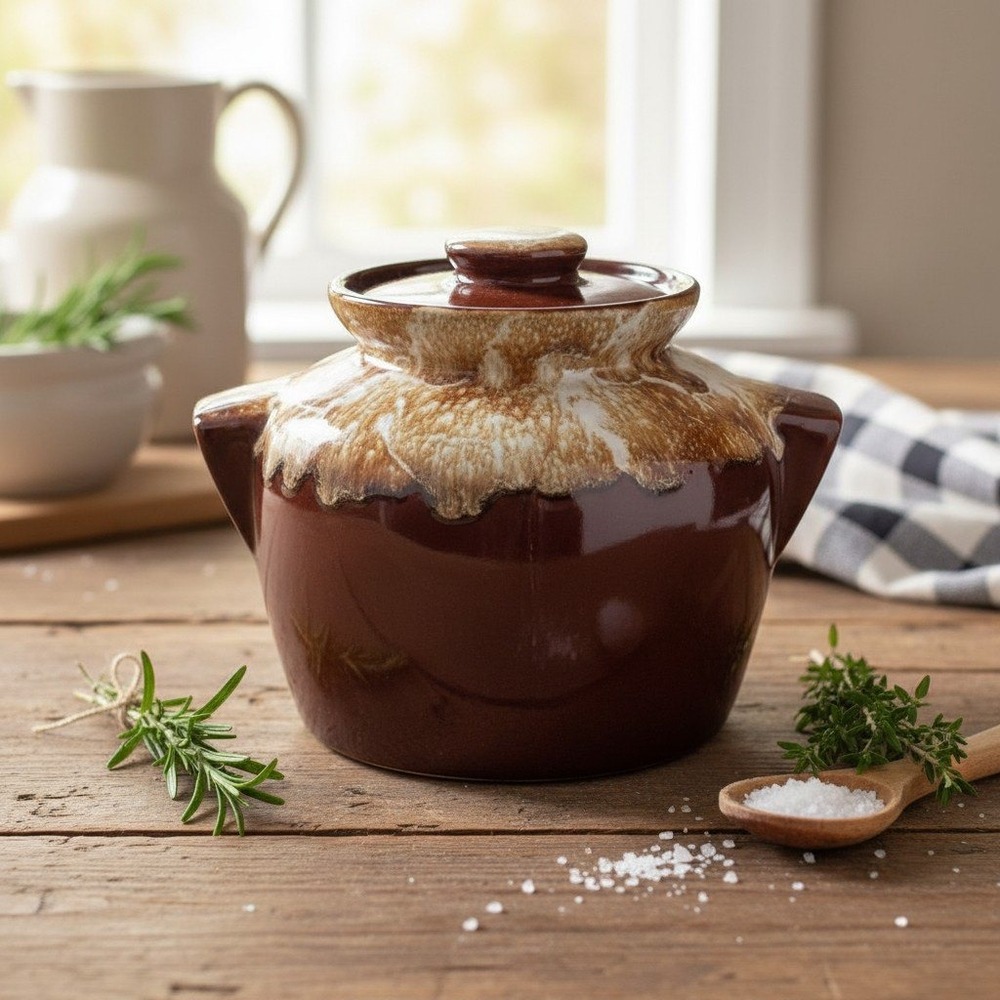 Brown Drip Glaze Bean‎ Pot, Vintage Stoneware Crock, Farmhouse Kitchen Accent